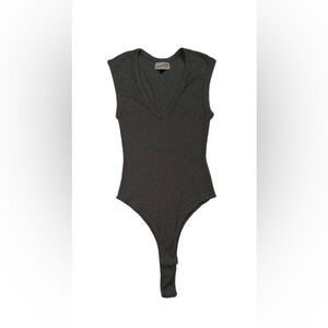 Dark Gray Ribbed V-Neck Girls One-Piece Bodysuit